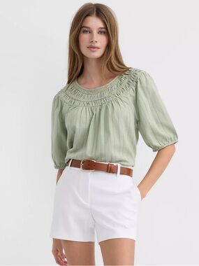 Ann Taylor Loft Light Green Crochet Yoke Puff Sleeve Top